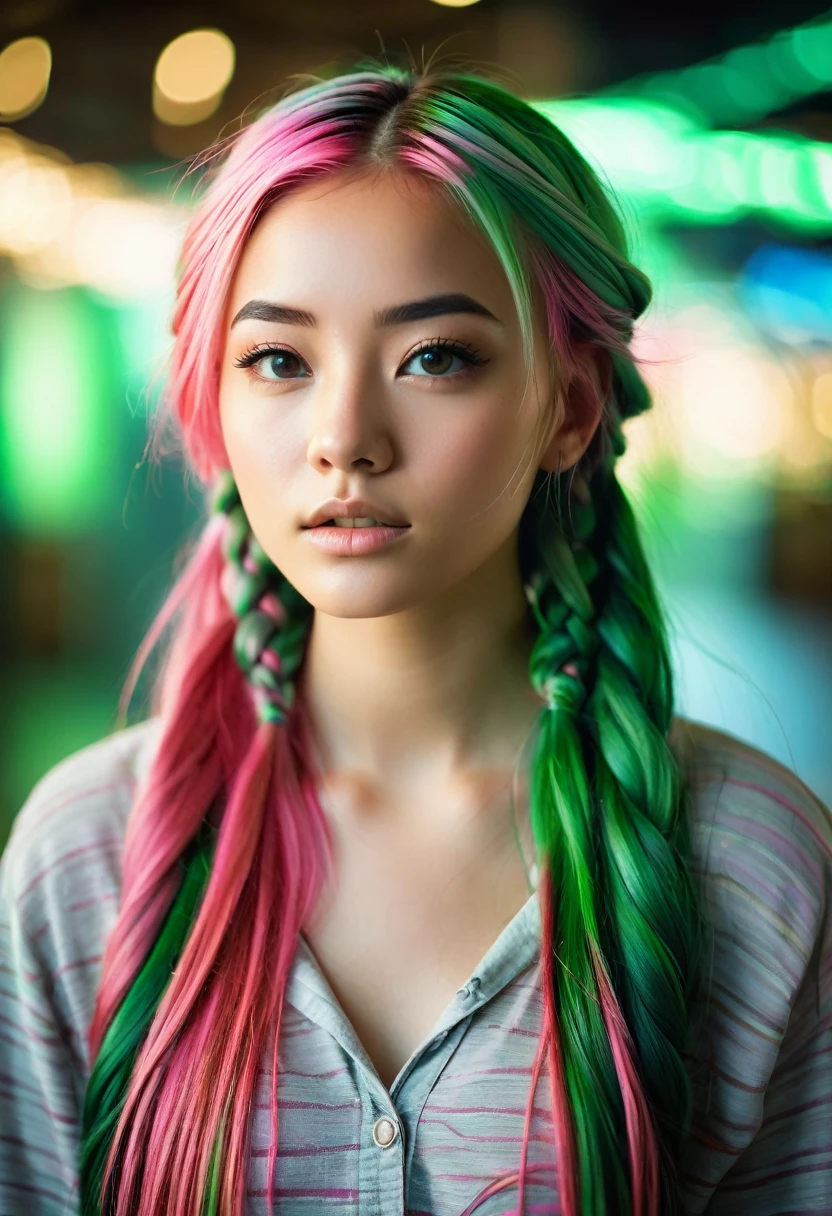 photo, rule of thirds, dramatic lighting,
face closeup,
dynamic pose, dynamic angle,
Girl, 19years old, (very long streaked green/pink hair:1.3) dynamic hairstyle {braids,} intricate background , realism, realistic, raw, analog, photorealistic in bokeh, M.ia,