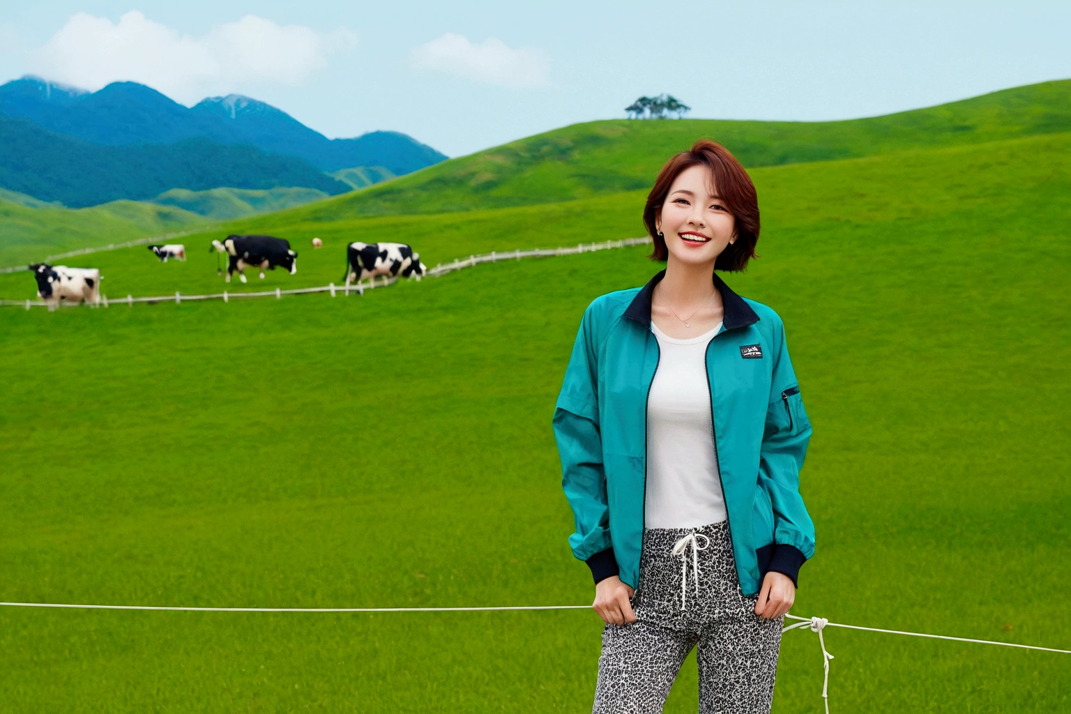 high quality, 1 woman, ((36 years old 건강한 한국 여성)), ((36 years old)), 1 woman, short, The eyes are big and beautiful. ((slim)), ((short medium hair)), laugh. pose: standing, luxury brand windbreaker jacket, casual pants, background: 1 woman, California, pasture, Cow, grass, Upper body shot with 35-70 lens, Look up to the side, casual pants