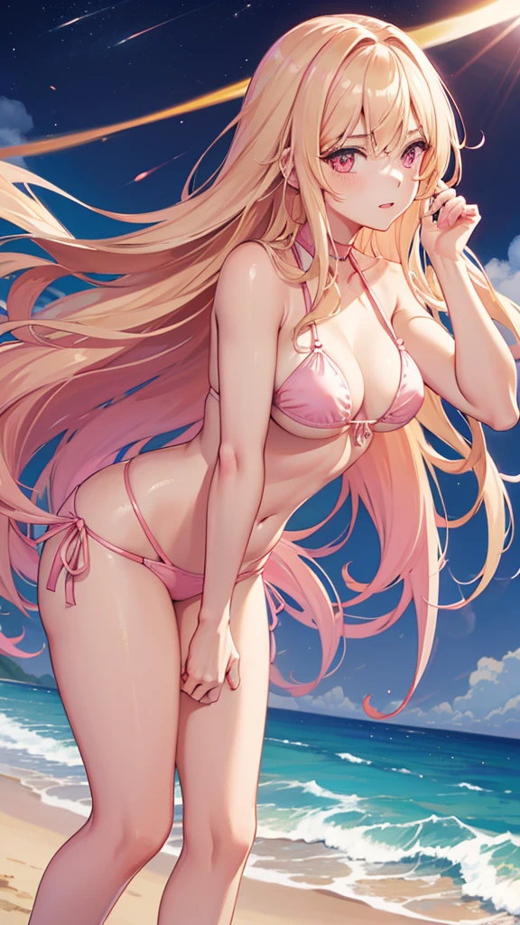 (((Adult woman))), pink eyes, (long blonde hair), pink bikini, beach, night