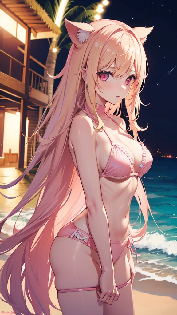 (((Adult woman))), pink eyes, (long blonde hair), pink bikini, beach, night