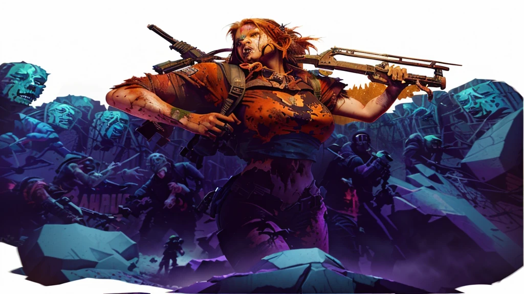 a woman with a backpack standing in front of a bunch of zombies, background artwork, character art the contra, horde of zombies, epic full color illustration, epic digital art illustration, zombie in horror concept art, james edmiston, epic game portrait, inspired by Alex Horley, by Alex Horley, epic video game art, detailed game art illustration