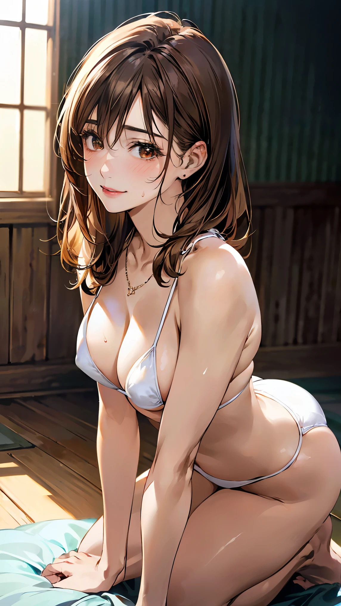 (masterpiece:1.3, Highest quality, Ultra-high resolution, Super detailed), (Realistic, photoRealistic:1.4), Beautiful illustrations, Perfect lighting, Natural light, colorful, Depth of written boundary, NFSW,
View your viewers, (throw, Close-up shot), 1 Girl, Japanese, high school girl, Perfect Face, Cute and symmetrical face, Shiny skin, Sunburned skin,
(Mid-length hair:1.5, Half Up:1.5, Light brown hair), Hair between the eyes, Brown eyes, (Large Breasts, seductive Thighs, Big Ass), Thighs, Nipple hardening, share, Sweaty,
Beautiful Hair, Beautiful Face, Beautiful attention to detail, Beautiful clavicle, Beautiful body, Beautiful breasts, 美しいThighs, Beautiful feet, Beautiful fingers,
((White micro bikini)), necklace, hair ornaments,
(Beautiful views), evening, (Uninhabited island), (Kneel, Sexy pose, Dynamic pose, Female masturbation), (Captivating smile, Upward glance, Part your lips),
