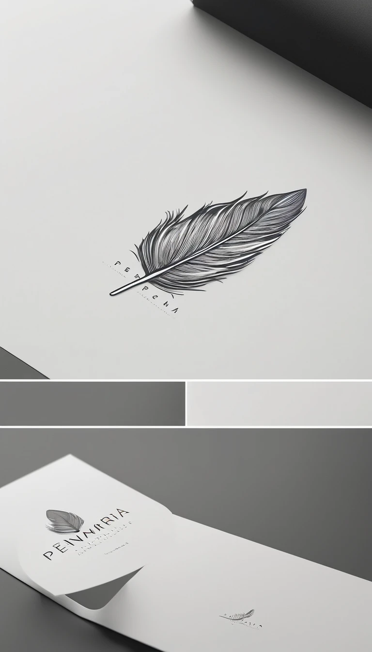 A minimal, modern, simple, cinematic logo design for the brand “Penamemoria". Create a modern, minimalistic, high-quality, white logo of a simple, fantastic, hipnotic, dreamy, artistic feather that symbolizes dreams, stories and memories