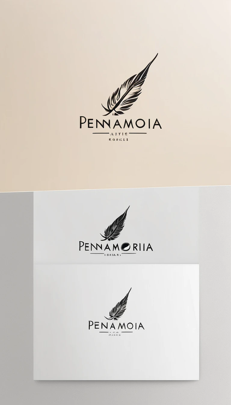 A minimal, modern, simple, cinematic logo design for the brand “Penamemoria". Create a modern, minimalistic, high-quality, white logo of a simple, fantastic, hipnotic, dreamy, artistic feather that symbolizes dreams, stories and memories