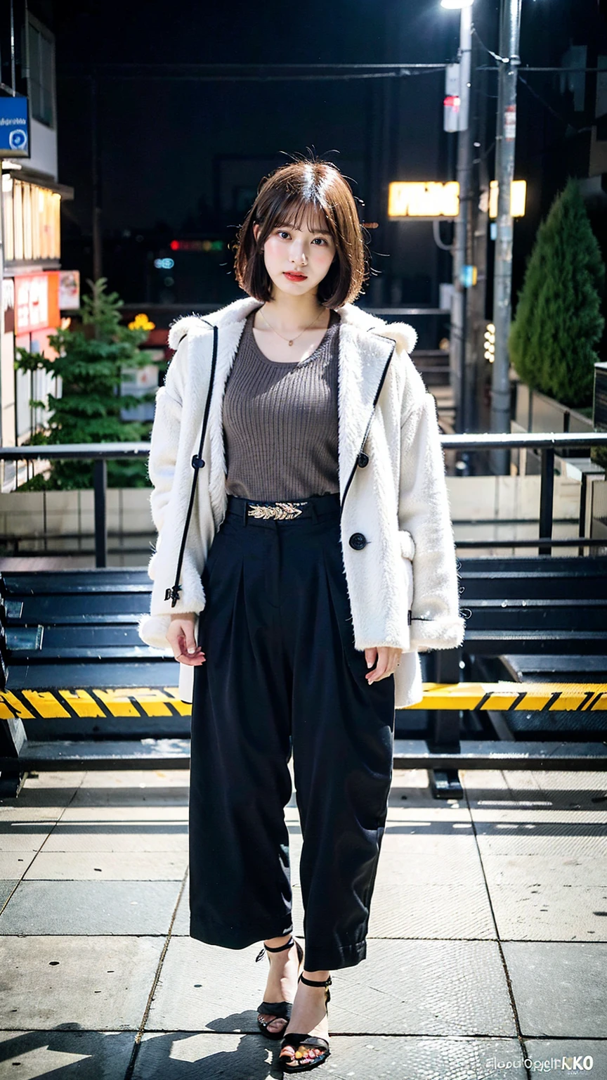 a beautiful japanese woman with very short bob haircut, full body shot, wearing fashionable clothes, necklace, simple background, (best quality,8K,32k,masterpiece:1.2),cinematic aesthetic:1.4,beautiful fashion model photo in bokeh city night,full body shot,Standing figure with feet projected、In stylish winter clothes