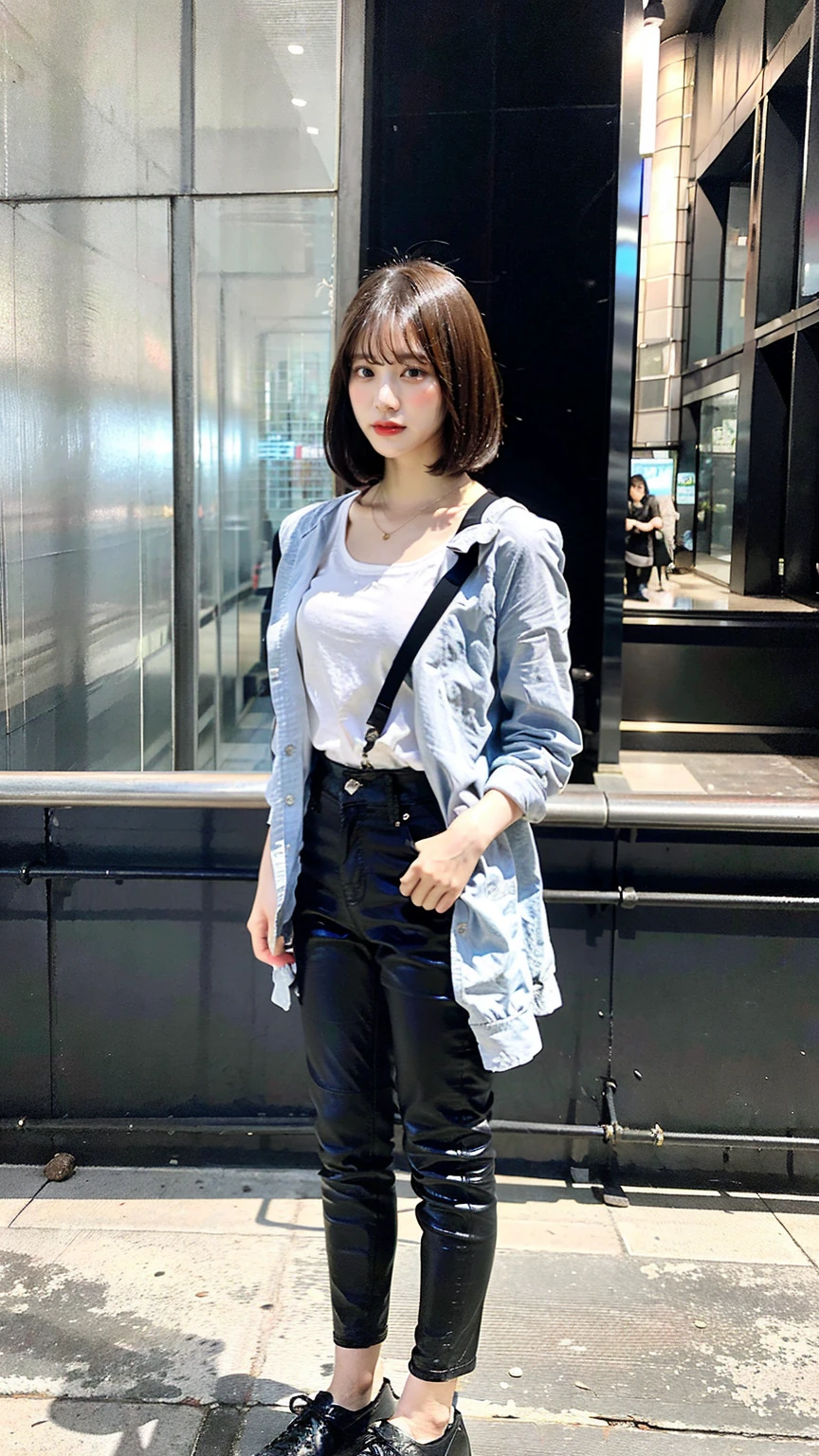 a beautiful japanese woman with very short bob haircut, full body shot, wearing fashionable clothes, necklace, simple background, (best quality,8K,32k,masterpiece:1.2),cinematic aesthetic:1.4,beautiful fashion model photo in bokeh city night,full body shot,Standing figure with feet projected、In stylish winter clothes