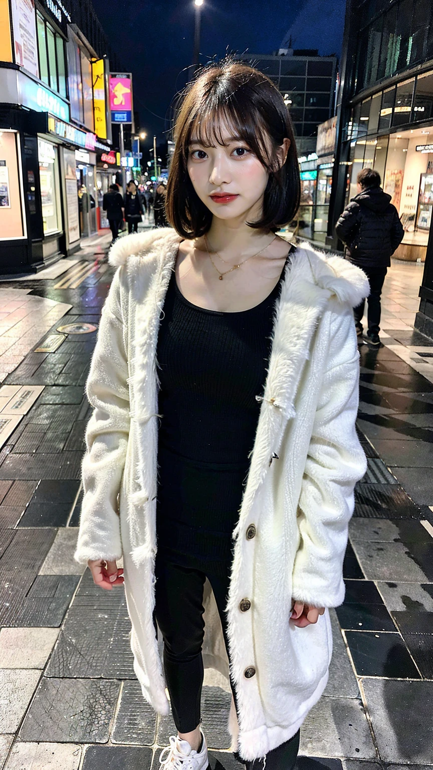 a beautiful japanese woman with very short bob haircut, full body shot, wearing fashionable clothes, necklace, simple background, (best quality,8K,32k,masterpiece:1.2),cinematic aesthetic:1.4,beautiful fashion model photo in bokeh city night,full body shot,Standing figure with feet projected、In stylish winter clothes