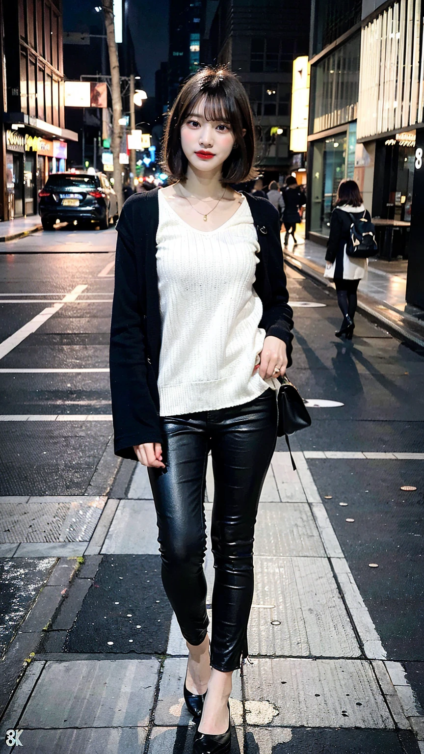 a beautiful japanese woman with very short bob haircut, full body shot, wearing fashionable clothes, necklace, simple background, (best quality,8K,32k,masterpiece:1.2),cinematic aesthetic:1.4,beautiful fashion model photo in bokeh city night,full body shot,Standing figure with feet projected、In stylish winter clothes