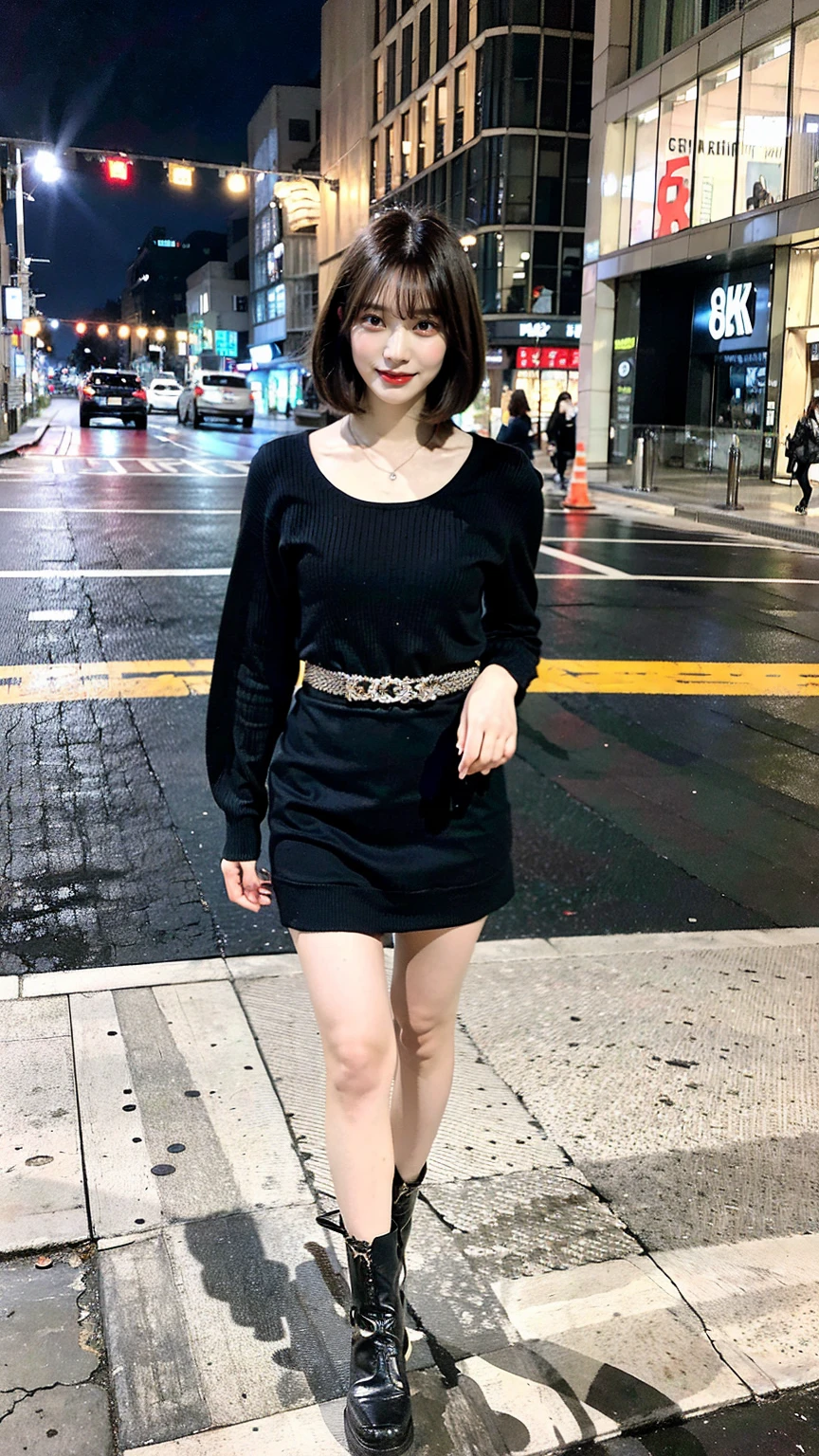 a beautiful japanese woman with very short bob haircut, full body shot, wearing fashionable clothes, necklace, simple background, (best quality,8K,32k,masterpiece:1.2),cinematic aesthetic:1.4,beautiful fashion model photo in bokeh city night,full body shot,Standing figure with feet projected、In stylish winter clothes