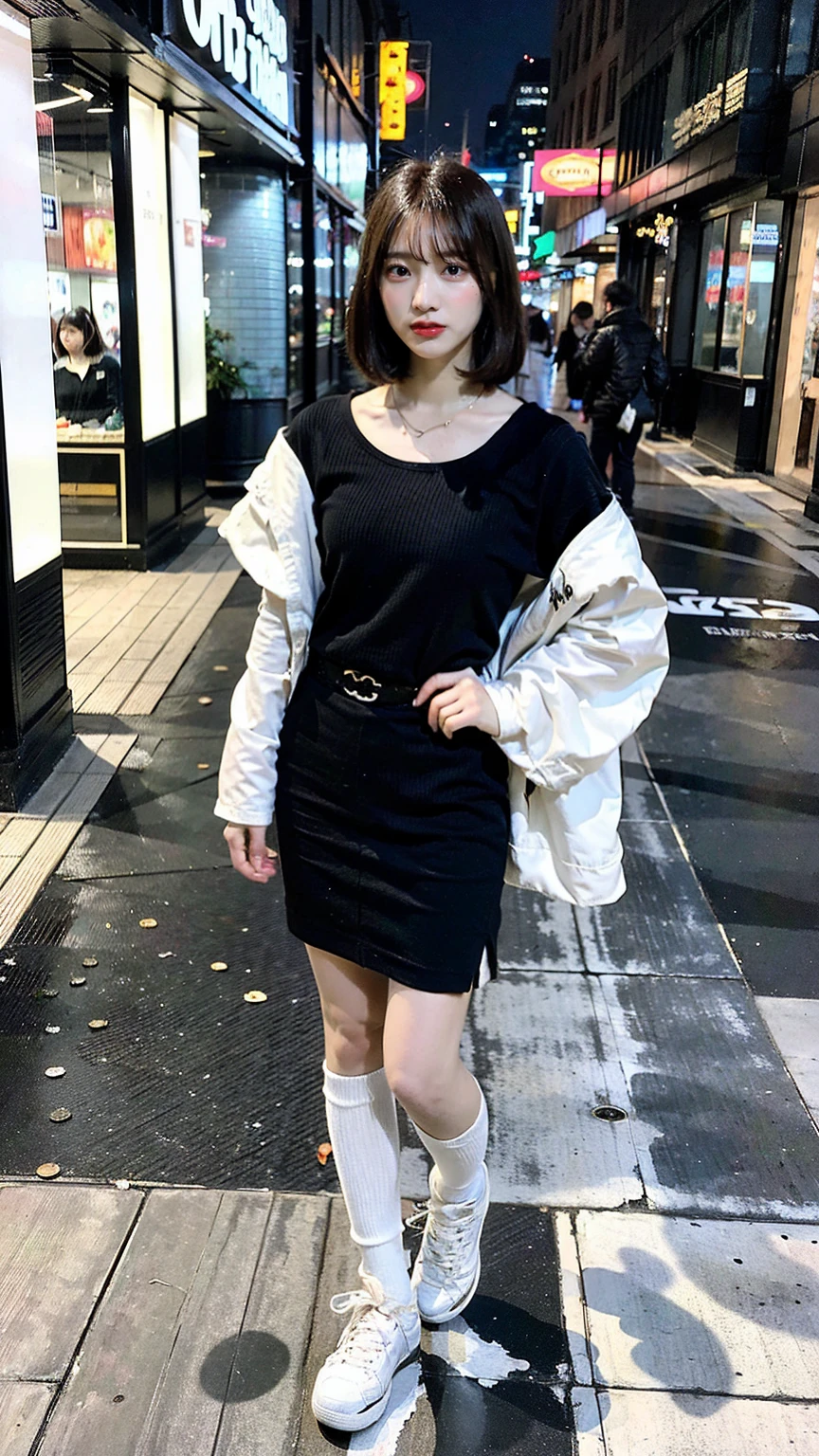 a beautiful japanese woman with very short bob haircut, full body shot, wearing fashionable clothes, necklace, simple background, (best quality,8K,32k,masterpiece:1.2),cinematic aesthetic:1.4,beautiful fashion model photo in bokeh city night,full body shot,Standing figure with feet projected、In stylish winter clothes