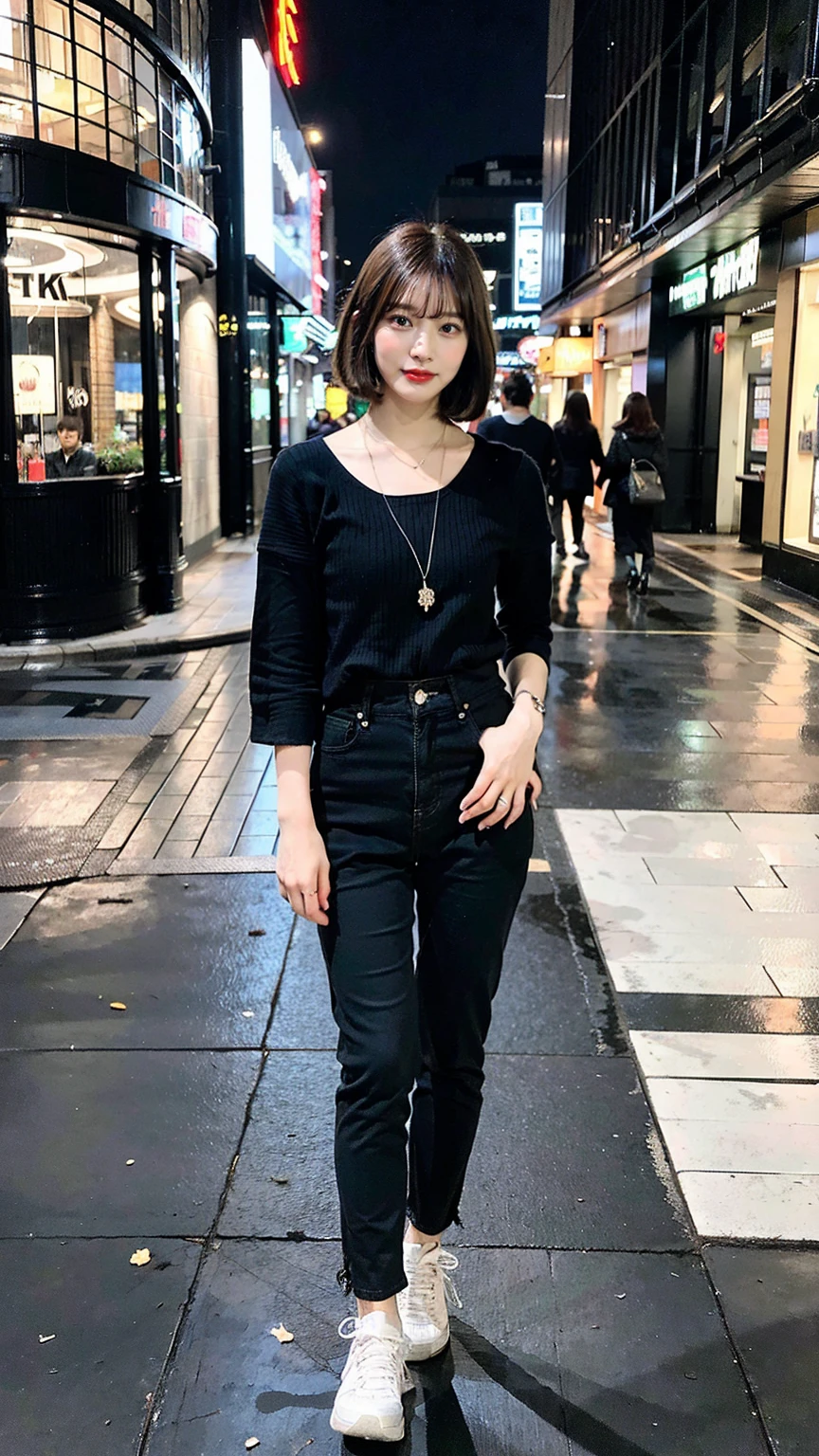 a beautiful japanese woman with very short bob haircut, full body shot, wearing fashionable clothes, necklace, simple background, (best quality,8K,32k,masterpiece:1.2),cinematic aesthetic:1.4,beautiful fashion model photo in bokeh city night,full body shot,Standing figure with feet projected、In stylish winter clothes