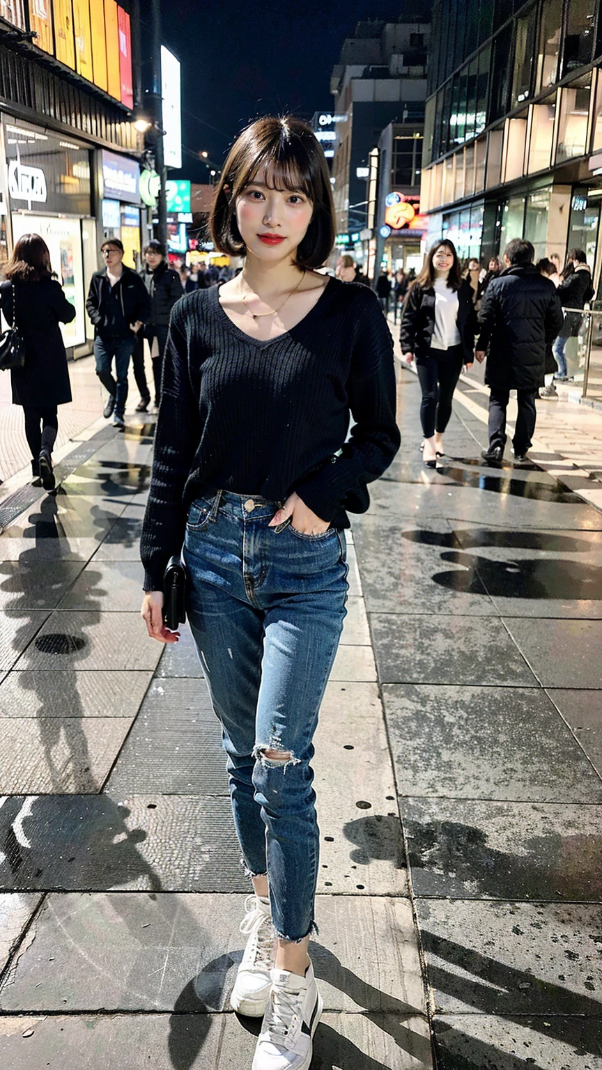 a beautiful japanese woman with very short bob haircut, full body shot, wearing fashionable clothes, necklace, simple background, (best quality,8K,32k,masterpiece:1.2),cinematic aesthetic:1.4,beautiful fashion model photo in bokeh city night,full body shot,Standing figure with feet projected、In stylish winter clothes