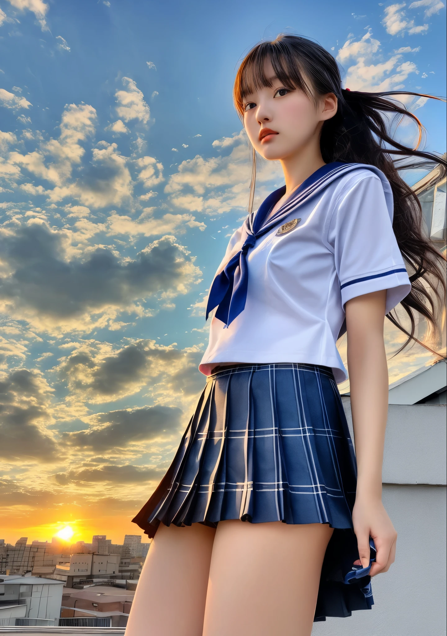 (8K, RAW Photos, Highest quality, masterpiece:1.2)、(Genuine、Realistic:1.37)、1 Girl、Japanese、Black Hair、Long Hair、(From below:1.4), (a 18years old pretty Japanese girl standing on rooftop of the building、school uniform)、((View your audience))、(White Sailor Suit High 、Ribbon on chest、mini skirt、Pink and gray checked pleated skirt、White panties)、(White panties can be seen from the pleated skirt)、((Sunset sky、cloud))