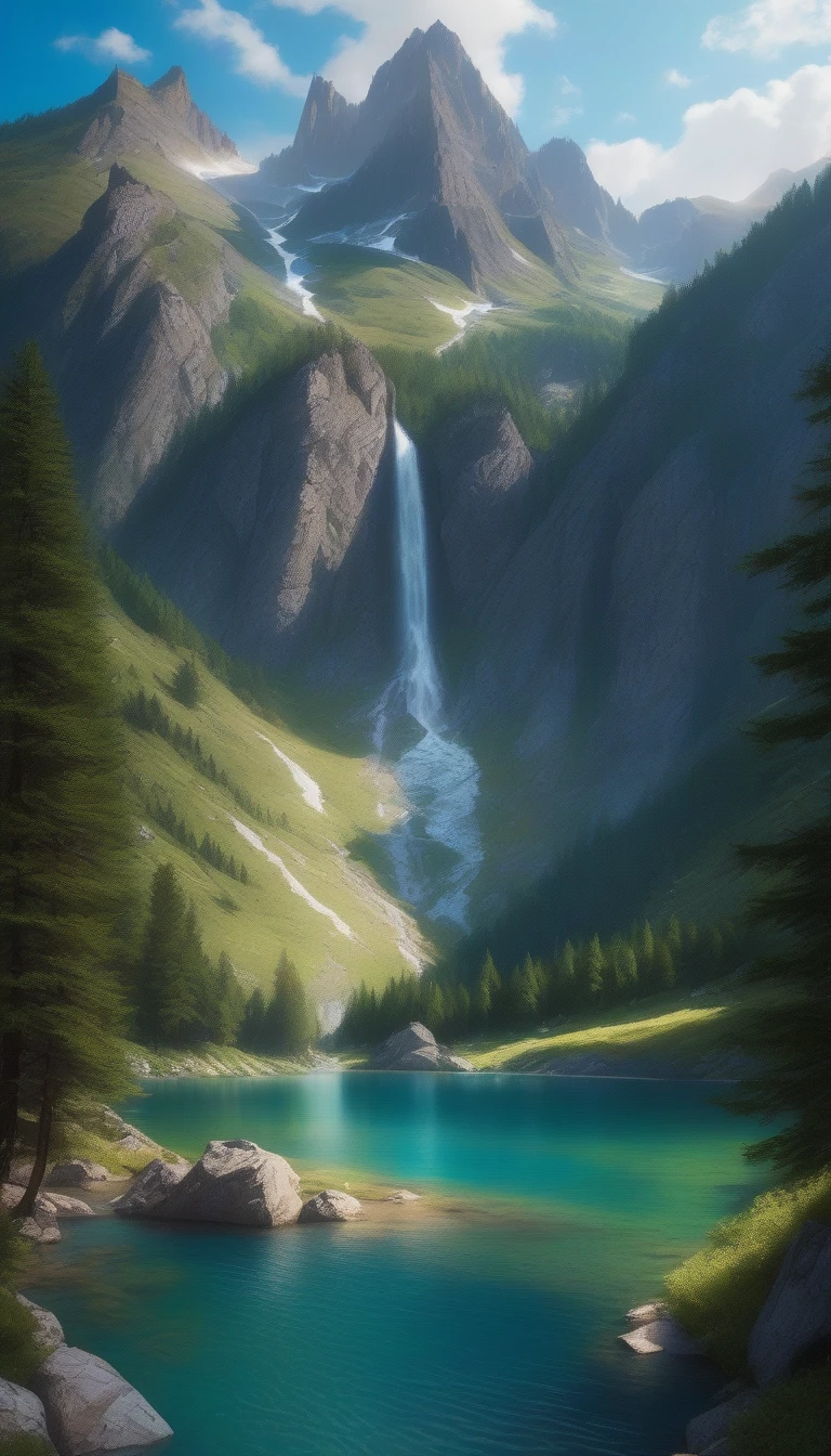 Imagine a tall, majestic mountain, with the peak covered in white snow. The slopes are steep and rocky, with small trees and bushes growing here and there. Near the base of the mountain, there is a green and dense forest, full of tall, sturdy trees. Some winding trails climb the slopes, designed by adventurers and animals.
In the middle of the mountain, there is a large cliff with a waterfall cascading down, shining in the sun. Around the base of the mountain, there is a crystal clear blue lake that reflects the image of the mountain, creating a stunning setting. In the sky, big birds fly, aproveitando as correntes de ar. This mountain is a place of impressive natural beauty and tranquility..