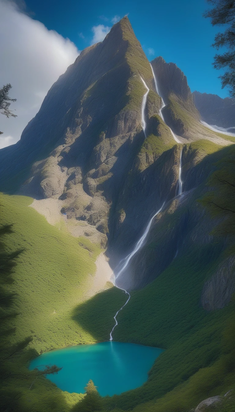 Imagine a tall, majestic mountain, with the peak covered in white snow. The slopes are steep and rocky, with small trees and bushes growing here and there. Near the base of the mountain, there is a green and dense forest, full of tall, sturdy trees. Some winding trails climb the slopes, designed by adventurers and animals.
In the middle of the mountain, there is a large cliff with a waterfall cascading down, shining in the sun. Around the base of the mountain, there is a crystal clear blue lake that reflects the image of the mountain, creating a stunning setting. In the sky, big birds fly, aproveitando as correntes de ar. This mountain is a place of impressive natural beauty and tranquility..