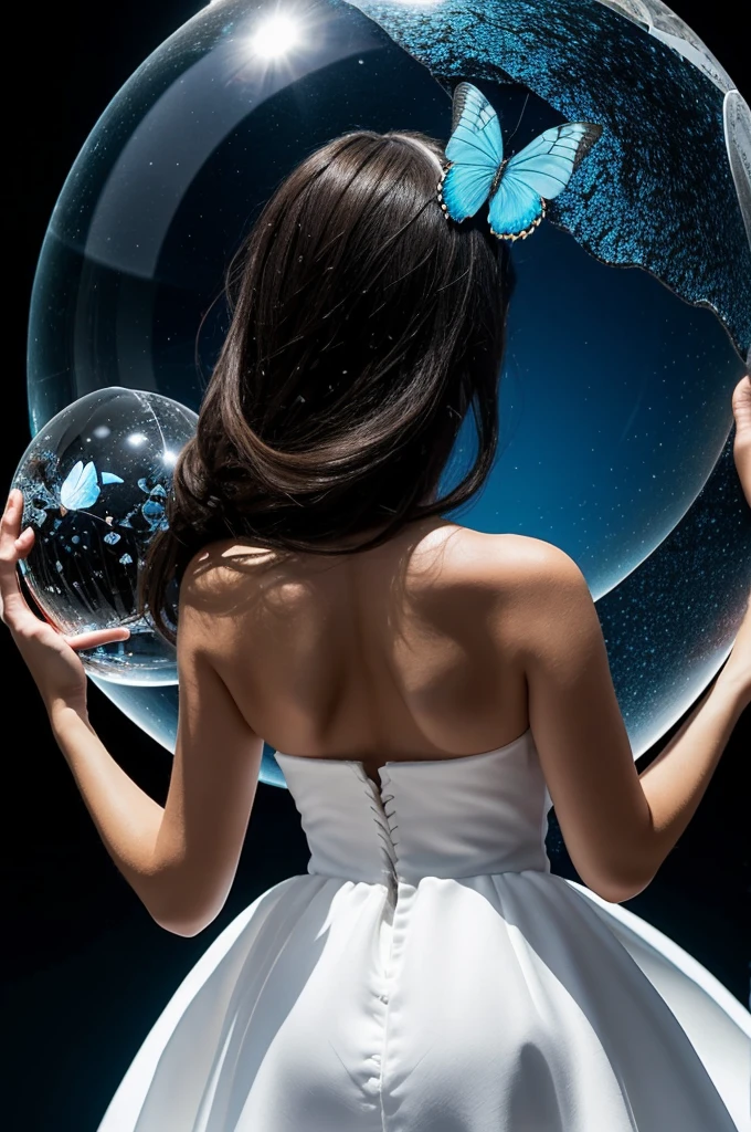 Dark hair brunette girl with white dress from behind without showing her face, inside a giant crystal ball broken from a surface,stretching your arm where a blue butterfly is perched on your hand that gives off a white light 