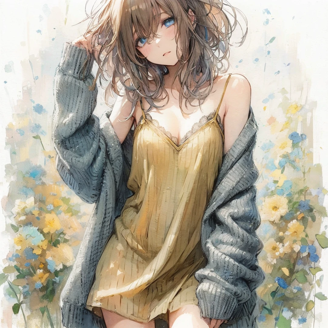 Official art using high-quality hand-drawn watercolor sketch techniques. (best quality,4k,8k,highres,masterpiece:1.2),ultra-detailed,beautiful detailed eyes,A girl with beautiful eyes, everyone, beautiful anime girl, cute anime girl, smooth anime art, anime style, elegant colors, soft lighting, delicate beautiful eyes, very coquettish, (beautiful large breast:1.2), (correct hands:1.2),