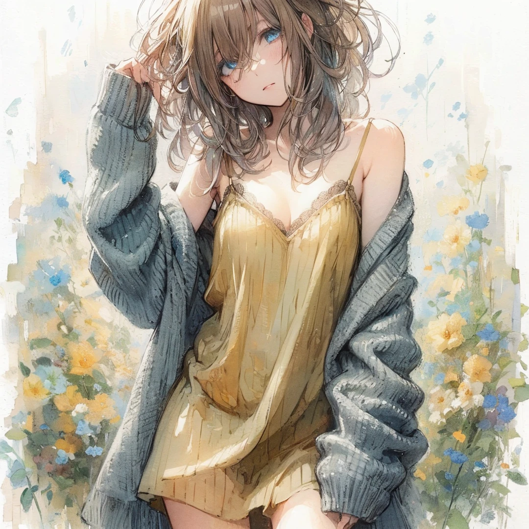Official art using high-quality hand-drawn watercolor sketch techniques. (best quality,4k,8k,highres,masterpiece:1.2),ultra-detailed,beautiful detailed eyes,A girl with beautiful eyes, everyone, beautiful anime girl, cute anime girl, smooth anime art, anime style, elegant colors, soft lighting, delicate beautiful eyes, very coquettish, (beautiful large breast:1.2), (correct hands:1.2),