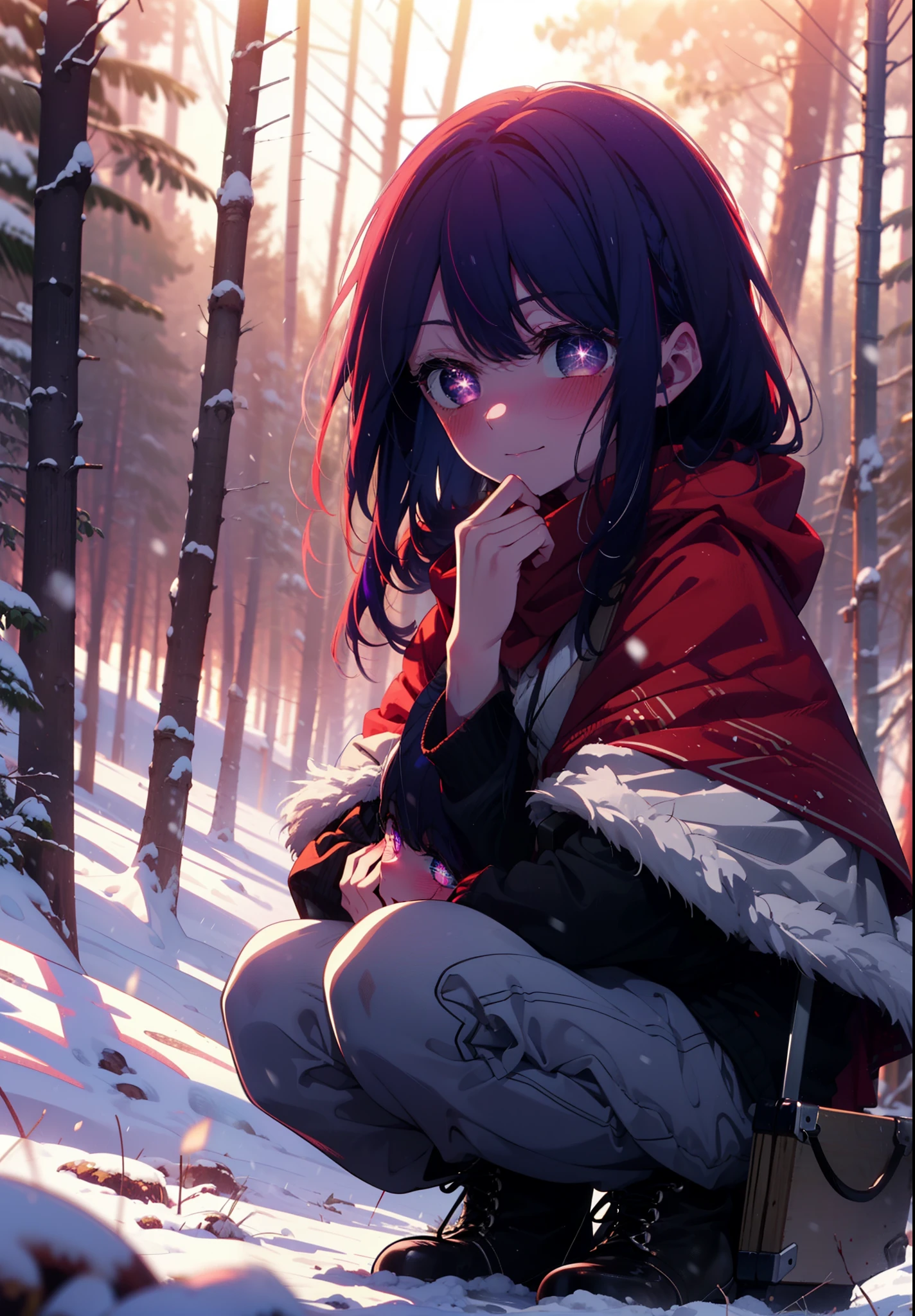 aihoshino, Ai Hoshino, Long Hair, bangs, (Purple eyes:1.1), Purple Hair, (Symbol-shaped pupil:1.5), smile,,smile,blush,White Breath,
Open your mouth,snow,Ground bonfire, Outdoor, boots, snowing, From the side, wood, suitcase, Cape, Blurred, , forest, White handbag, nature,  Squat, Mouth closed, Cape, winter, Written boundary depth, Black shoes, red Cape break looking at viewer, Upper Body, whole body, break Outdoor, forest, nature, break (masterpiece:1.2), Highest quality, High resolution, unity 8k wallpaper, (shape:0.8), (Beautiful and beautiful eyes:1.6), Highly detailed face, Perfect lighting, Extremely detailed CG, (Perfect hands, Perfect Anatomy),
