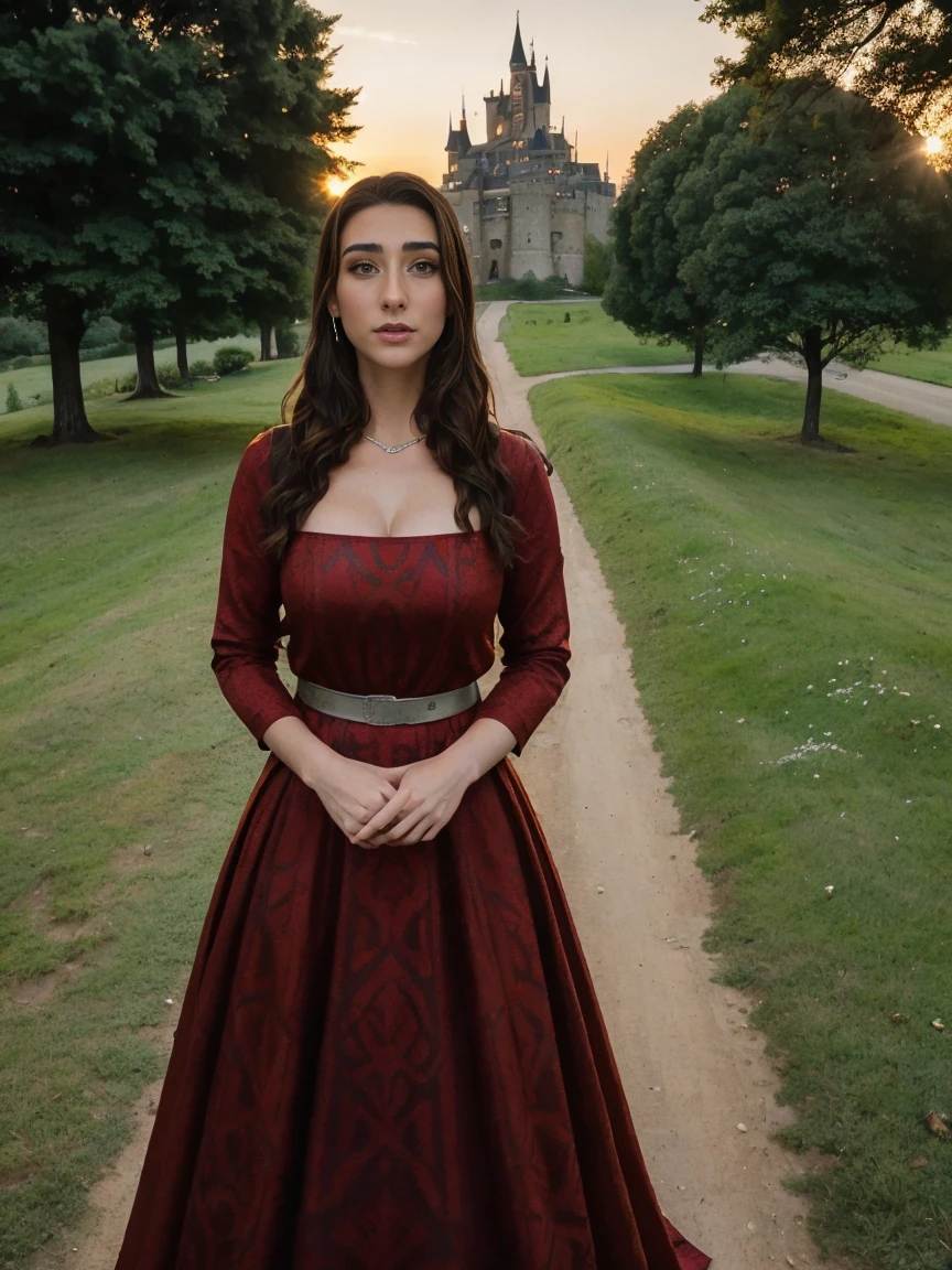 Gorgeous and sultry busty athletic (thin) brunette queen with sharp facial features wearing a modest updo, dark red medieval dress, long sleeves, intricate patterns, wide neck, crown, veil, long dress, modest dress, tight bodice, silver belt, (waist chain), medieval jewelry, Middle Ages, castle, rampart, wall, exterior, on top of a castle wall, trees, countryside, evening, sunset.