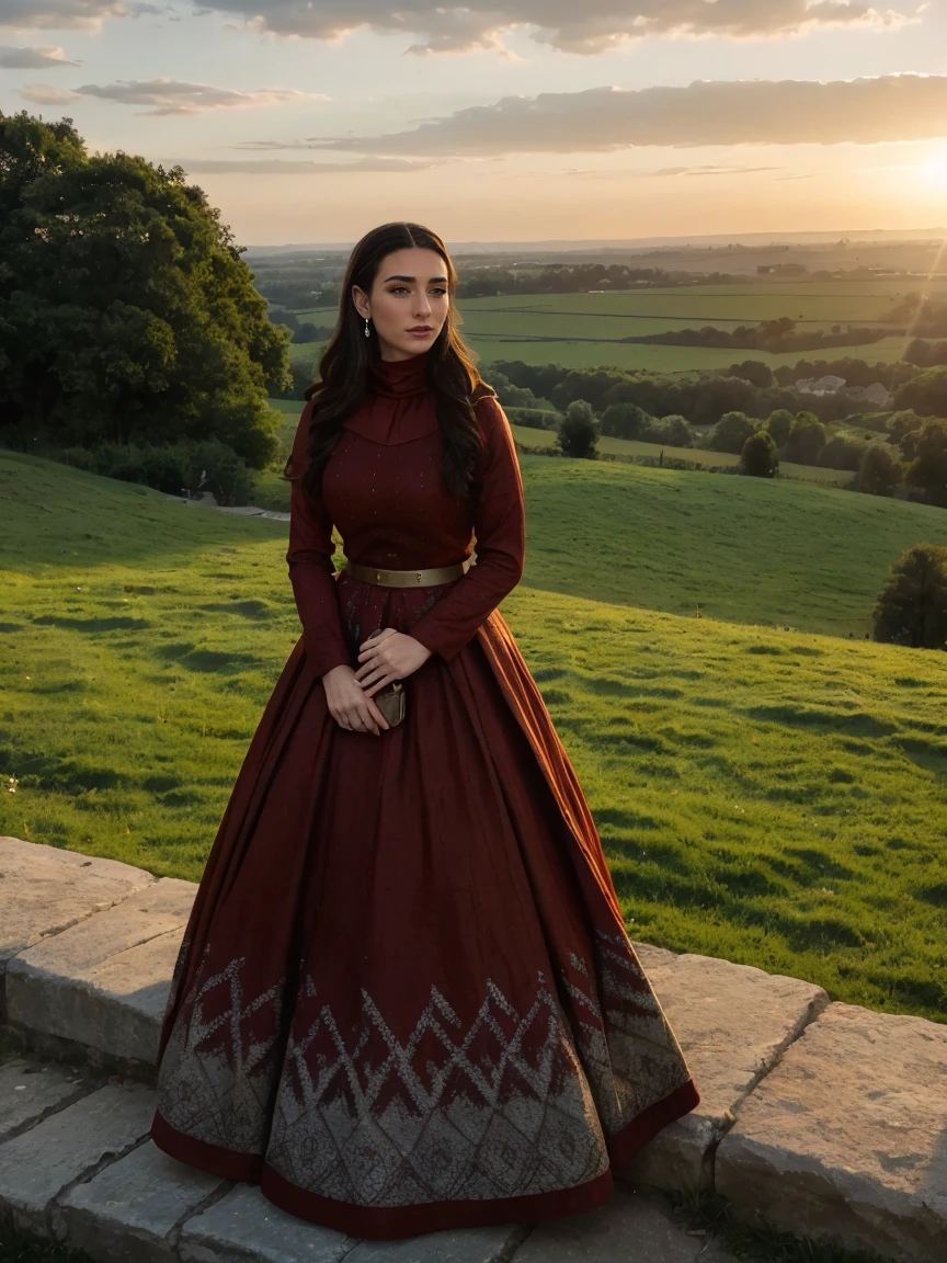 Gorgeous and sultry busty athletic (thin) brunette queen with sharp facial features wearing a modest updo, dark red medieval dress, long sleeves, intricate patterns, scrollwork, wide neck, crown, veil, long dress, modest dress, tight bodice, silver belt, (waist chain), medieval jewelry, Middle Ages, castle, rampart, wall, exterior, on top of a castle wall, trees, countryside, evening, sunset.
