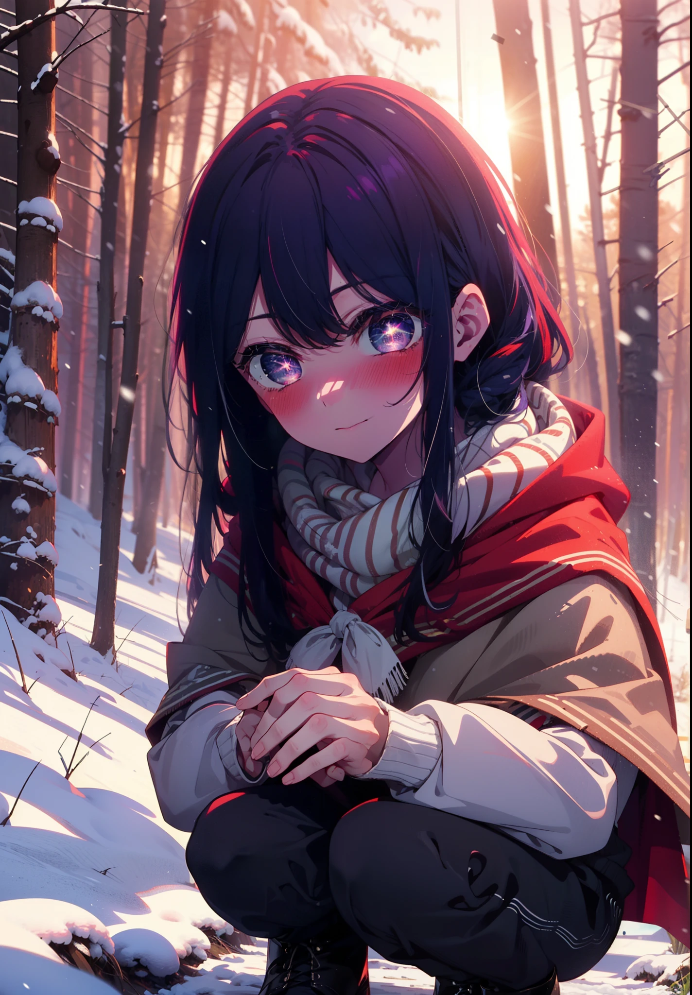 aihoshino, Ai Hoshino, Long Hair, bangs, (Purple eyes:1.1), Purple Hair, (Symbol-shaped pupil:1.5), smile,,smile,blush,White Breath,
Open your mouth,snow,Ground bonfire, Outdoor, boots, snowing, From the side, wood, suitcase, Cape, Blurred, , forest, White handbag, nature,  Squat, Mouth closed, Cape, winter, Written boundary depth, Black shoes, red Cape break looking at viewer, Upper Body, whole body, break Outdoor, forest, nature, break (masterpiece:1.2), Highest quality, High resolution, unity 8k wallpaper, (shape:0.8), (Beautiful and beautiful eyes:1.6), Highly detailed face, Perfect lighting, Extremely detailed CG, (Perfect hands, Perfect Anatomy),