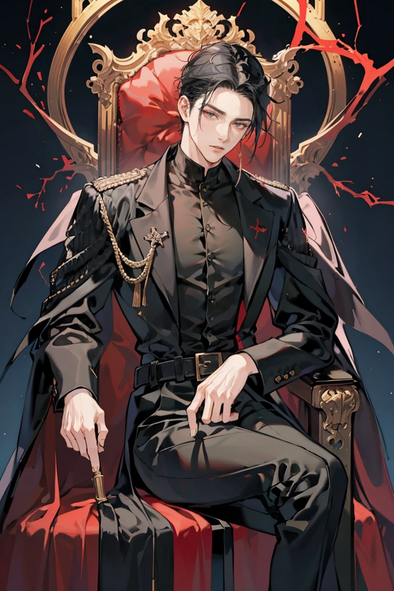 anime - (masterpiece), best quality, seductive eyes, mature face, black eyes, mid length slicked back black haircut, plain black polo, red coat, black pants, tall man, long legs, masculine, massive body, adult-like, full body, bad boy, he's sitting on a red throne with a crown on the handle of the throne