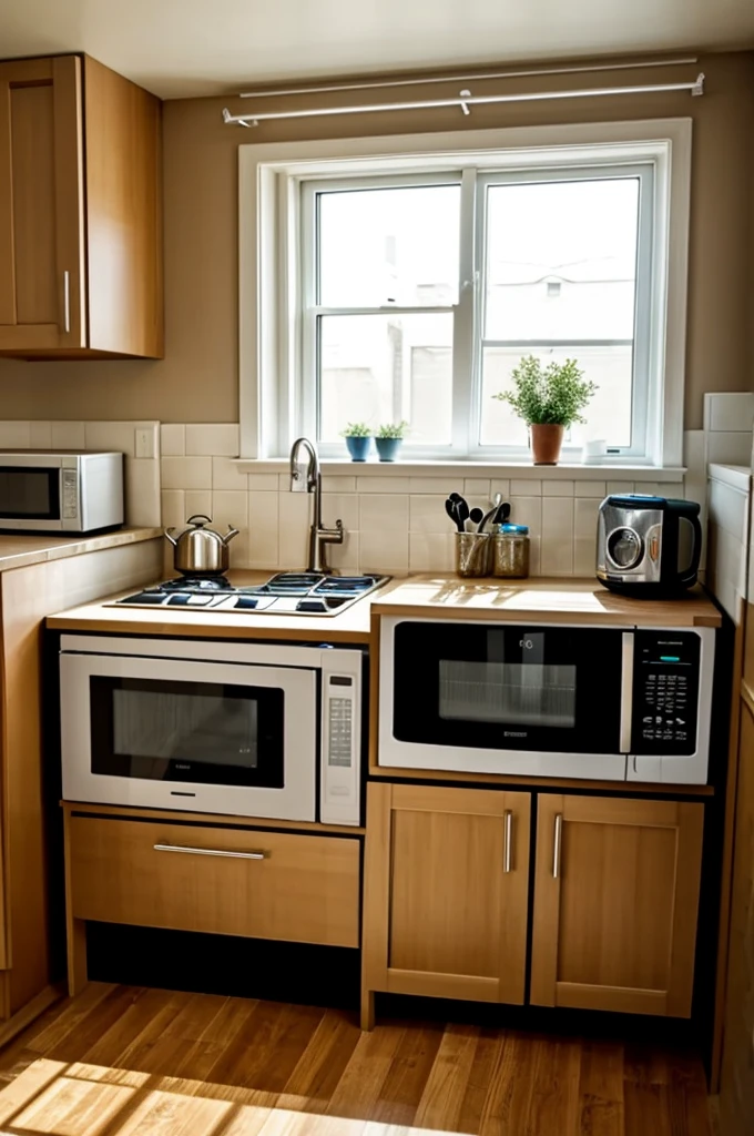 A broken microwave with short circuit on a table kitchen
