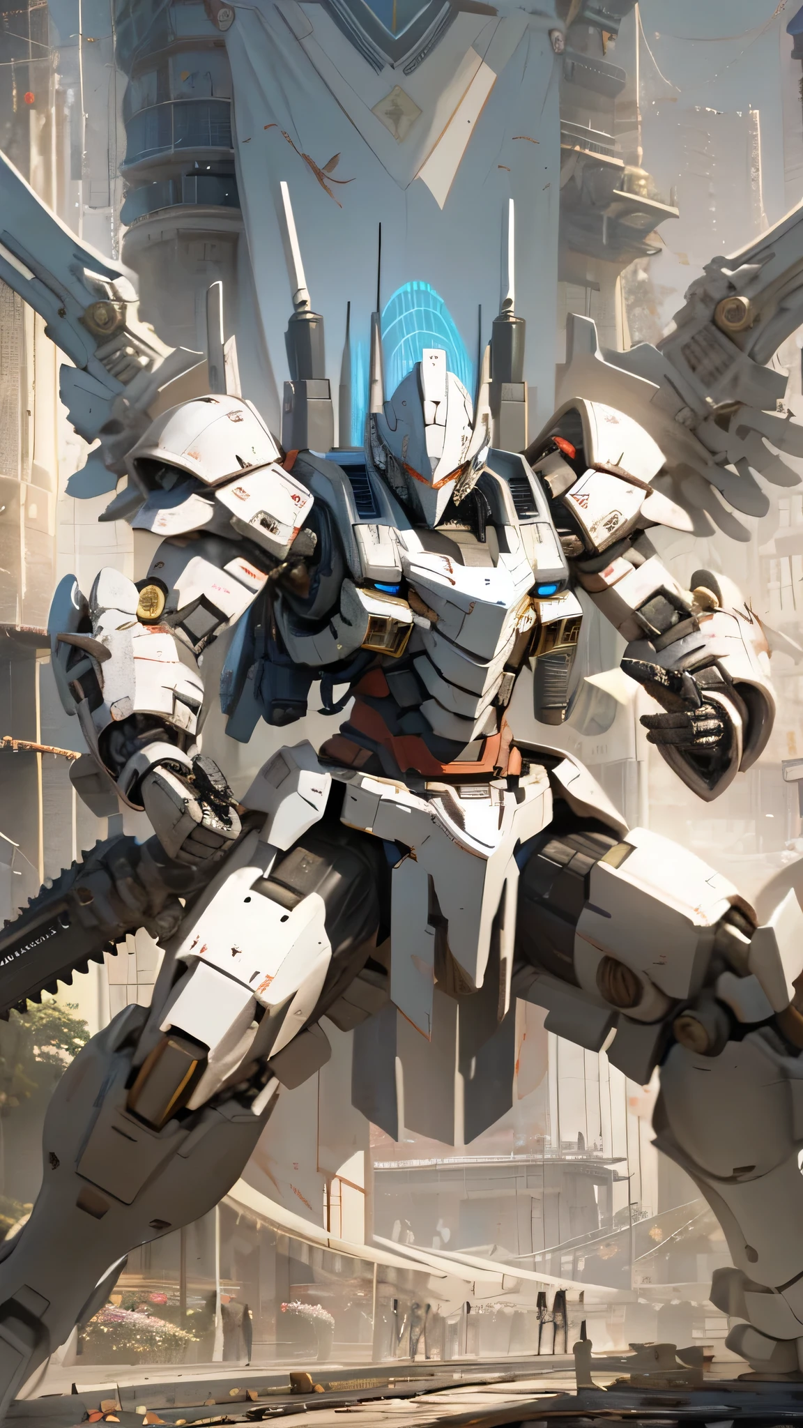 最high quality、Best image quality、masterpiece、Giant Mecha((humanoid、Railgun、Bulletproof vest、Jetpack、Red visor、Run、Chainsaw,Full of wounds,gas mask、Gold Color、Fighting Pose、Muscular,destruction))high quality、Beautiful art、background((underground,Fighting the monsters)),Tabletop、Exquisite design、Visual Arts、Written boundary depth、Best lighting、The finest details、8k