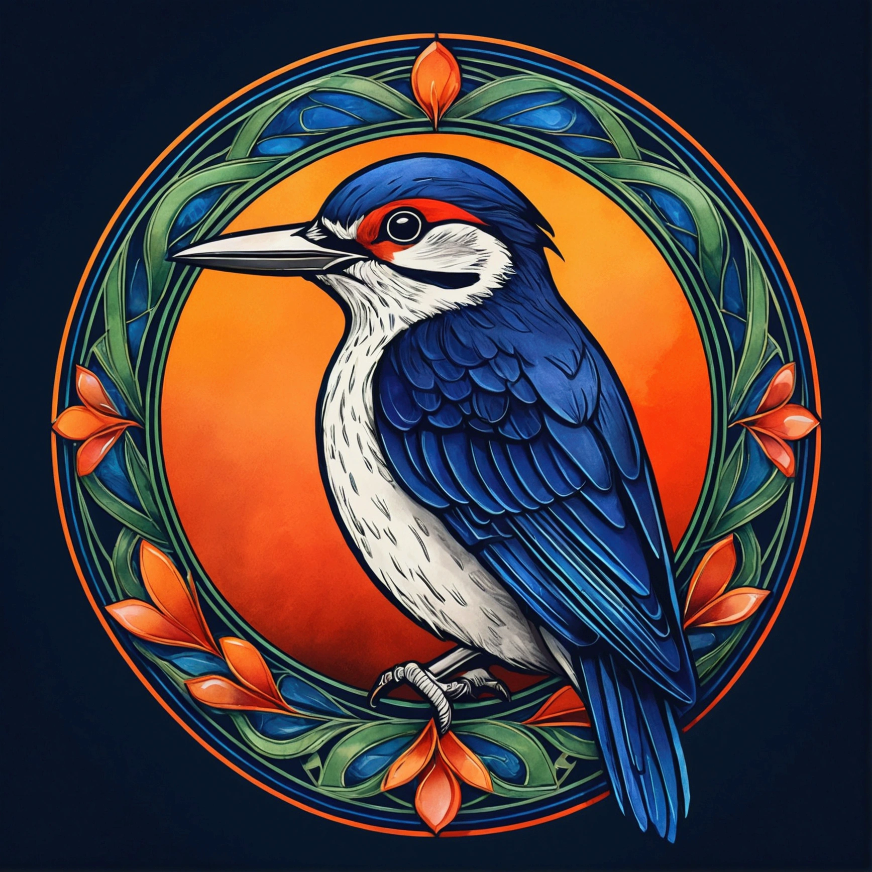 "Logo of a "woodpecker"; shading and gradients, Art Nouveau, vibrant colors and synthwave. Vector design, thin lines, central composition, smooth background, 1:1 air. Tetradic palettes (Dark Blue, Orange, Red, Olive Green), Watercolor logo style with print effect, puff printig. monochrome background, by yukisakura, with original and incredible colors."