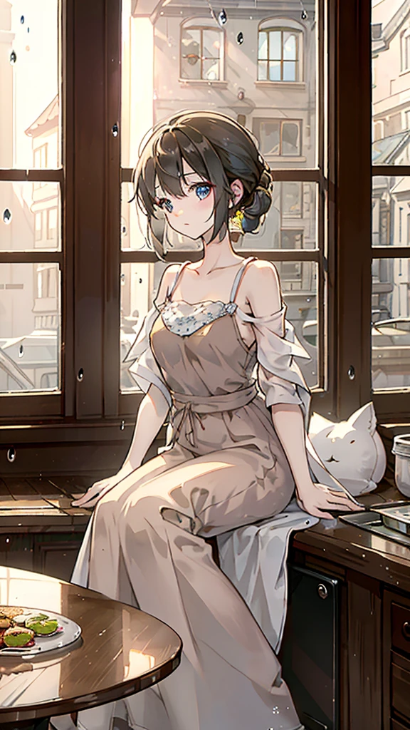 A full-length portrait of a woman in a camisole sitting in a coffee shop. The photo was taken through the window of the coffee shop. The camera is pointing at the outside of the shop, with the window glass and frame in front of the woman, showing raindrops outside the glass. The light from inside the shop shines clearly on the woman's face, creating a warm and peaceful atmosphere inside. The photo was taken with a SONY 35 F1.4 GM lens at F1.4.