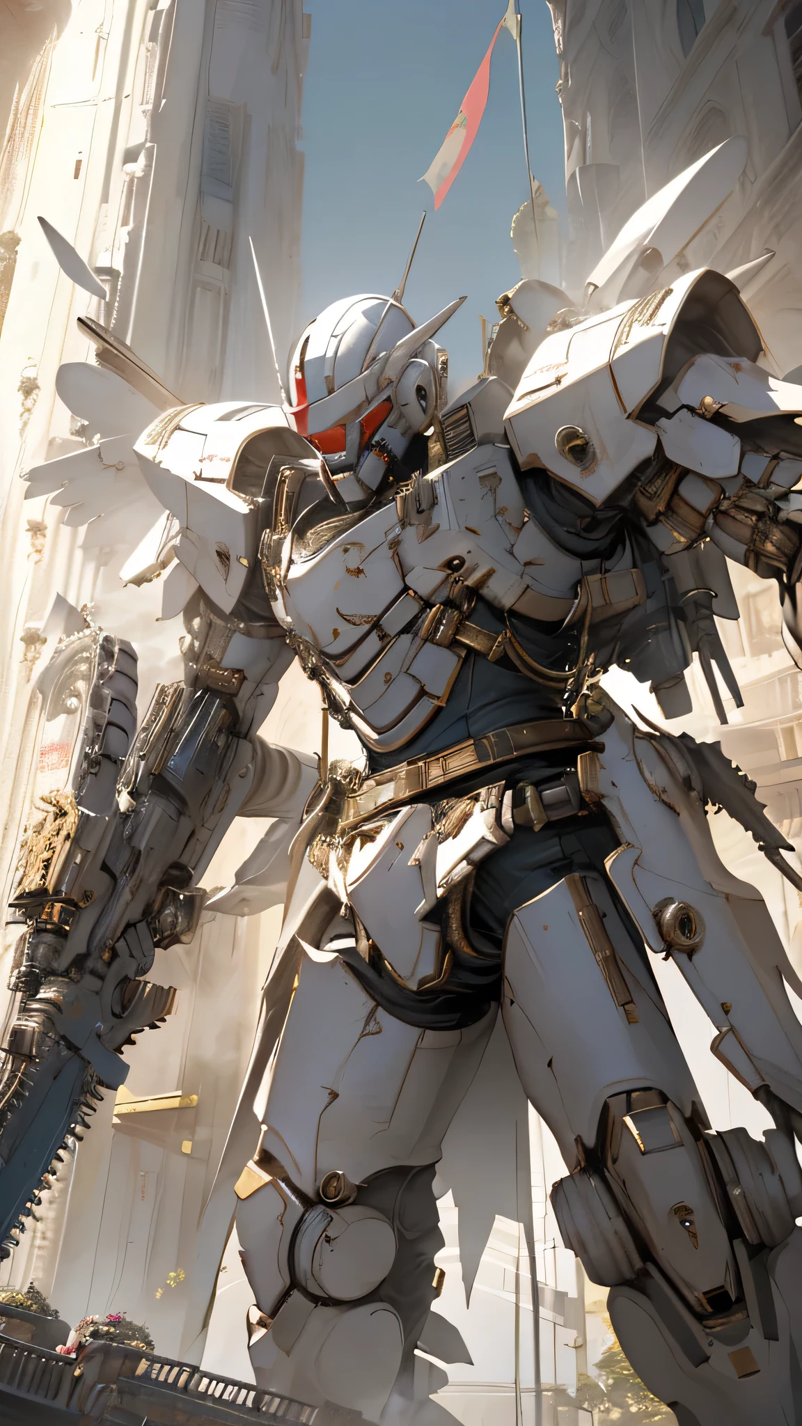 最high quality、Best image quality、masterpiece、Giant Mecha((humanoid、Railgun、Bulletproof vest、Jetpack、Red visor、Run、Chainsaw,Full of wounds,gas mask、Gold Color、Fighting Pose、Muscular,destruction))high quality、Beautiful art、background((underground,Fighting the monsters)),Tabletop、Exquisite design、Visual Arts、Written boundary depth、Best lighting、The finest details、8k
