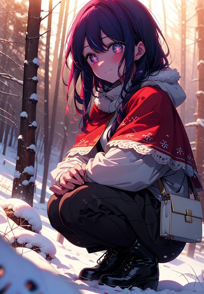 aihoshino, Ai Hoshino, Long Hair, bangs, (Purple eyes:1.1), Purple Hair, (Symbol-shaped pupil:1.5), smile,,smile,blush,White Breath,
Open your mouth,snow,Ground bonfire, Outdoor, boots, snowing, From the side, wood, suitcase, Cape, Blurred, , forest, White handbag, nature, Squat, Mouth closed, Cape, winter, Written boundary depth, Black shoes, red Cape break looking at viewer, Upper Body, whole body, break Outdoor, forest, nature, break (masterpiece:1.2), Highest quality, High resolution, unity 8k wallpaper, (shape:0.8), (Beautiful and beautiful eyes:1.6), Highly detailed face, Perfect lighting, Extremely detailed CG, (Perfect hands, Perfect Anatomy),