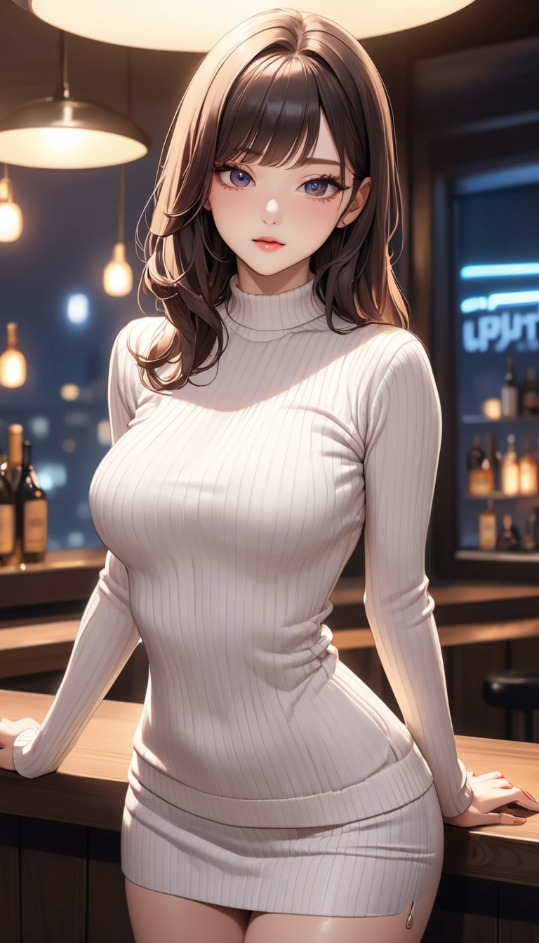 ((realistic),(8k),(ultra hd),high resolution,best quality,masterpiece,(Sense of presence:1.5),(Dynamic:1.5),(bold:1.5)),(1girl,curvy,petite,beautiful breasts,large breasts,pale skin,erect nipples),((thin hair:1.5),(straight hair),Swept bangs,(extra light coppery amber hair),(hair over one eye)),(clothed:1.5),(office lady:1.2)