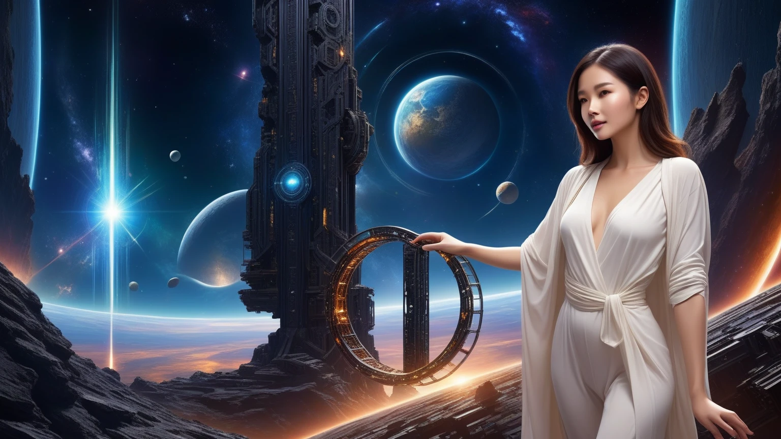 dark space of the universe, large artificial high-tech ring gate flies through space and time, cosmic light and the ancient energy of the Universe burst out from the depths of these gates and transport the viewer to other worlds, where it&#39;s light and cozy, sci-fi. (((1girl, solo, alone))), large-breast:1.2 slim body, cleavage:1.1, sexy elegant miniskirt, (((headphone, black sunglasses, standing and holding pistol pose))), (((half-body thigh level medium shot))), cinematic lighting, lens flare, ray tracing.