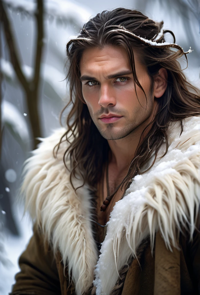 A masculine, Bulky Male, in a snowy Climate, long And Tangled hair, hazel eyes, Wears animal Hides only, Primal Setting, Jungle ruins Back ground, HD, Ultra Scenery, Vivid lighting.