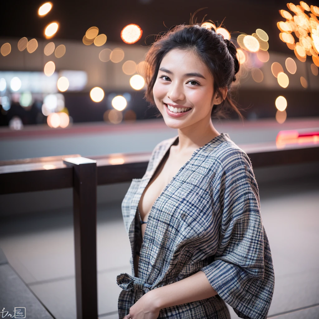 high quality,master piece,by famous artist,a girl, one girl,solo focus,alone,4K,8K,raw photo,fukk body,Very detailed,Japanese women,23 years old,Patterned yukata,Hair tied up,clear,Calm,seems kind,nice smile,smile,teeth,cute,背景はfirework会場,firework,night,one girl