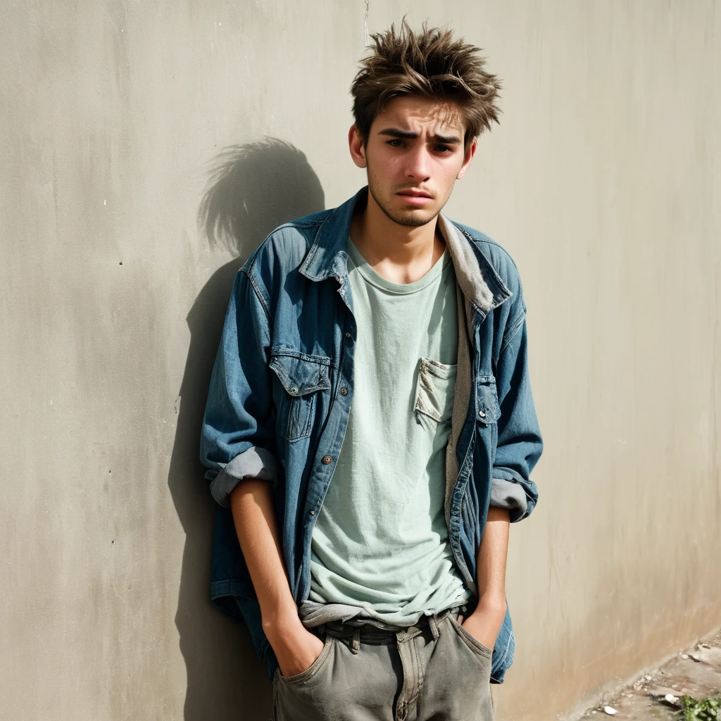 poor, old, dirty clothes, pockets out, sad face, 25 year old young man