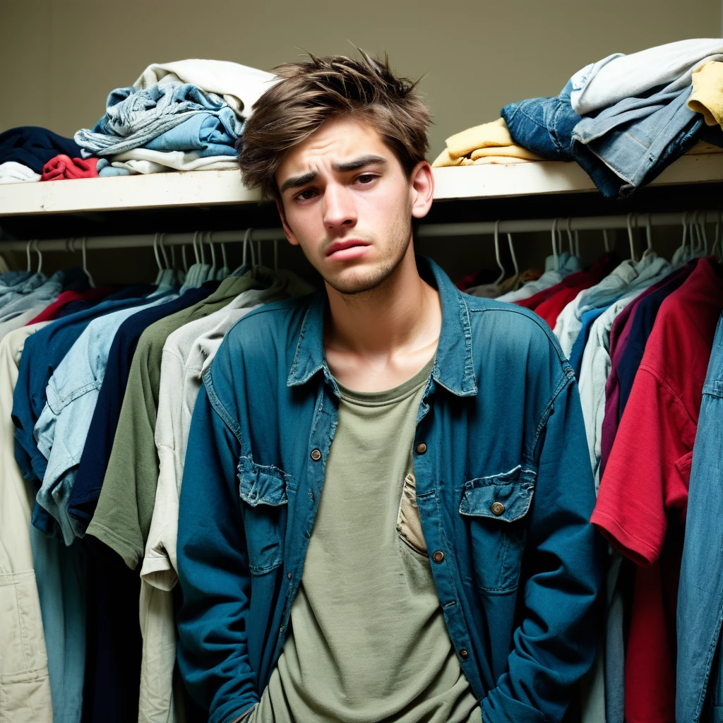 poor, old, dirty clothes, pockets out, sad face, 25 year old young man