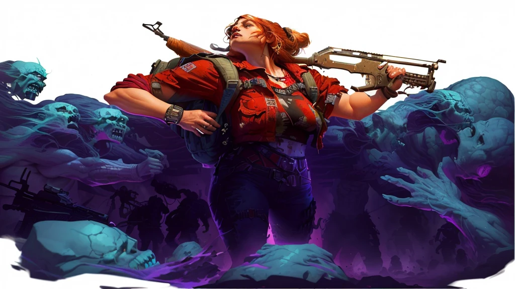a woman with a backpack standing in front of a bunch of zombies, background artwork, character art the contra, horde of zombies, epic full color illustration, epic digital art illustration, zombie in horror concept art, james edmiston, epic game portrait, inspired by Alex Horley, by Alex Horley, epic video game art, detailed game art illustration