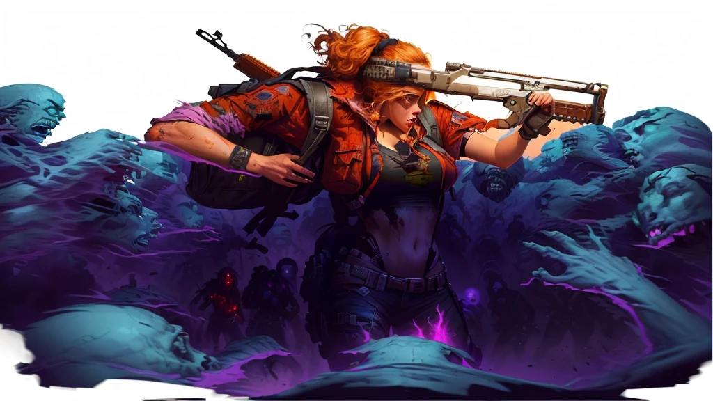 a woman with a backpack standing in front of a bunch of zombies, background artwork, character art the contra, horde of zombies, epic full color illustration, epic digital art illustration, zombie in horror concept art, james edmiston, epic game portrait, inspired by Alex Horley, by Alex Horley, epic video game art, detailed game art illustration