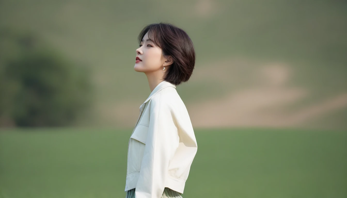 Creating an image of a woman seen from the side, Her gaze is on the camera. She has an elegant profile, With sun-kissed skin that delicately receives light. Her eyes, decorated with mystery, Expressing a combination of confidence and charm. short medium hair., Contributes to her timeless beauty. She is wearing stylish yet understated clothing., Maybe a tailored blouse and a flowing skirt., reinforce her calm demeanor. 장면은 생생하고 선명한 background으로 설정되었습니다., Capture this moment from a side angle, Showcasing her elegance and charm while looking thoughtfully into the distance. high quality, 1 woman, ((36 years old 건강한 한국 여성)), ((36 years old)), 1 woman, short, The eyes are big and beautiful. ((slim)), ((short medium hair)), laugh. pose: standing, Luxury brand windbreaker jacket, casual pants, background: 1 woman, California, pasture, Cow, grass, Full body shot with 35-70 lens, look up to the side, the whole body is visible.