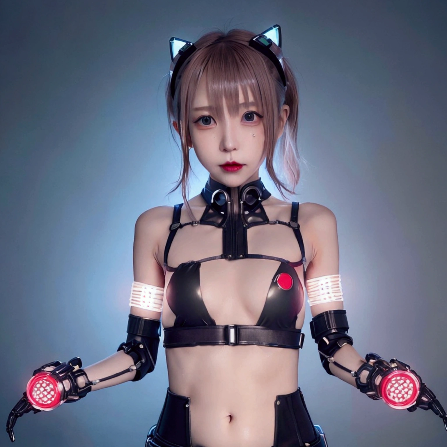 (((Beautiful girl small breasts))),Cyberpunk Costume、(((Machine-made black gloves)))、Lights up with LEDs、Sexual、(((Small nipples))),(((Small areola))),Cyberpunk Red Green Background、(((Nipples exposed through the gap in her clothes))),smile,,、Round face,Big eyes, Round eyes、No makeup、Sweaty,(((Main belly button))),Slim Abs、、(((upright)))、beautiful girl、8age、