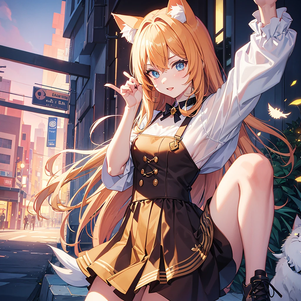 Cat ear girl,Cat's Tail,Blonde,,Red Dress,Long skirt,An attractive dress with a wide open back,Red elbow-length gloves,Illuminated by the moonlight,Shy smile,Castle rooftop,A fantastic atmosphere, Fireworks in the night sky, Face illuminated by light, Characters stand out, The background is blurred, The focus is on the characters, Sharp details, Dim light at night