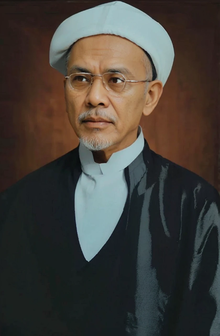 Indonesian Muslim middle-aged man, brown skin with wrinkles on the forehead, 70 years old or above, wearing a white head covering, black robe/kurta/jubbas, small transparent glasses, sharp nose, thin lips, beard not too long, clear clean eyes, Eyebrows are slightly black and gray. Very realistic images, ultra HD quality.
