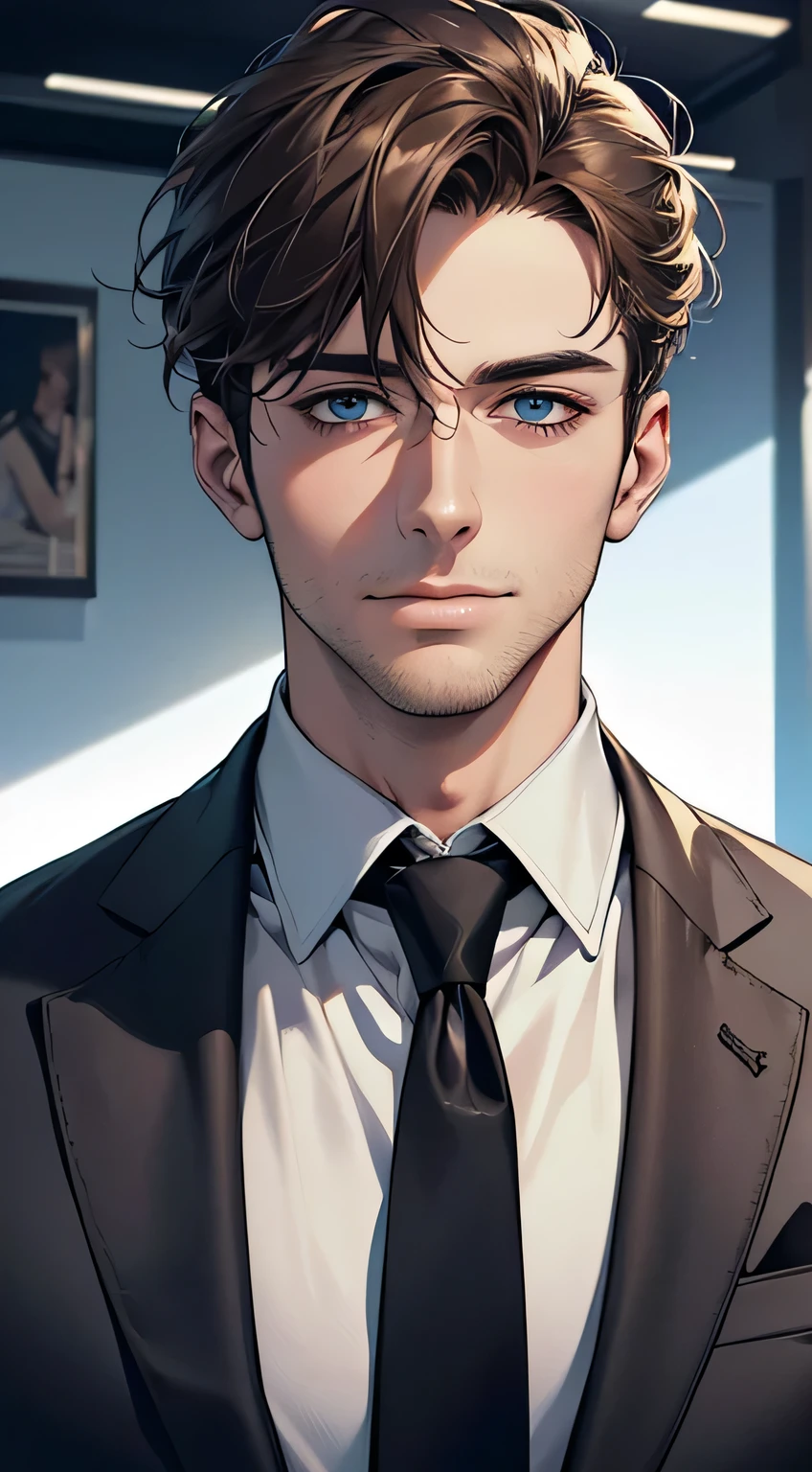 (best quality,4k,8k,highres,masterpiece:1.2),ultra-detailed,(realistic,photorealistic,photo-realistic:1.37),1 man,31 years old,mature man,very handsome,without expression,smile,short grey brown hair,blue eyes,penetrating gaze,perfect face without errors,imposing posture,businessman,office background,cinematic lighting,hdr image
