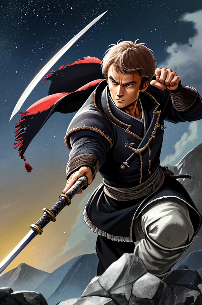 Highest quality，High resolution， ((emmanuel macron)) ，France，Kenshiro，Fist of the North Star，samurai，（gun），One person，warrior，（black_coat），Tricolor，kimono，male，One personで，Middle Age，Swordsman，strongest，Anime Style，（Night Sky_background），(Limbs)，(Full Finger)，(Accurate fingertips), (The finer details), (Super detailed)，(Japanese sword:)，4K，(high resolution)，whole body, (Front angle), Looking at the camera,masterpiece，(Subtle details)，(Intricate details)，Octane Rendering，(Hyper Detail)，