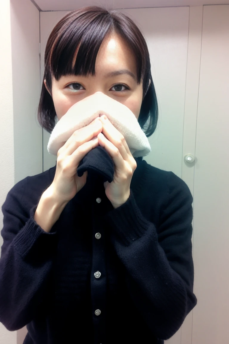 Mother hiding her face with her hands。Bust up only。