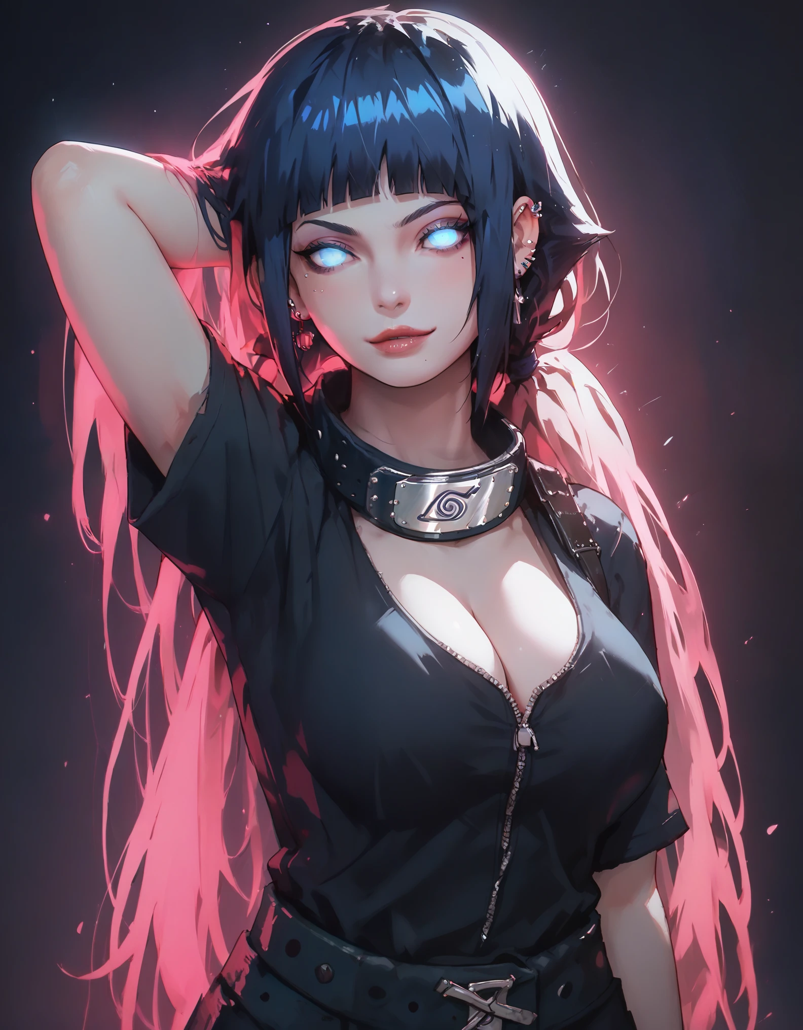 score_9, score_8_up, score_7_up, masterpiece, best quality, highly detailed, 1girl, (Hinata from Naruto) pale skin, blue eyes, thick black eyelashes, black eyeliner, dark eyeshadow, neon blue hair, low twintails, big breasts, black t-shirt, ear piercings, looking at the viewer, bedroom eyes, seductive smile, g0thicPXL, glowing hair, glowing eyes, neon, arm behind head, arched back, dark background, cowboy shot, thick white character outline, cleavage