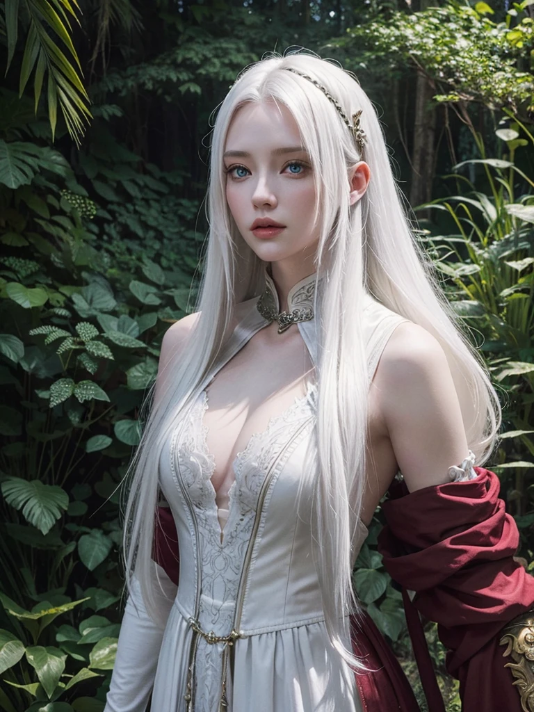 Long white hair, cate features, white skin, Fantasy world. Adventurer style with armor on the shoulder and arms (ruby). In the forest.